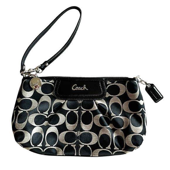 COACH Signature Black Leather Pleated Canvas Top Zip Wristlet Bag Logo Hang Tag - Picture 1 of 10